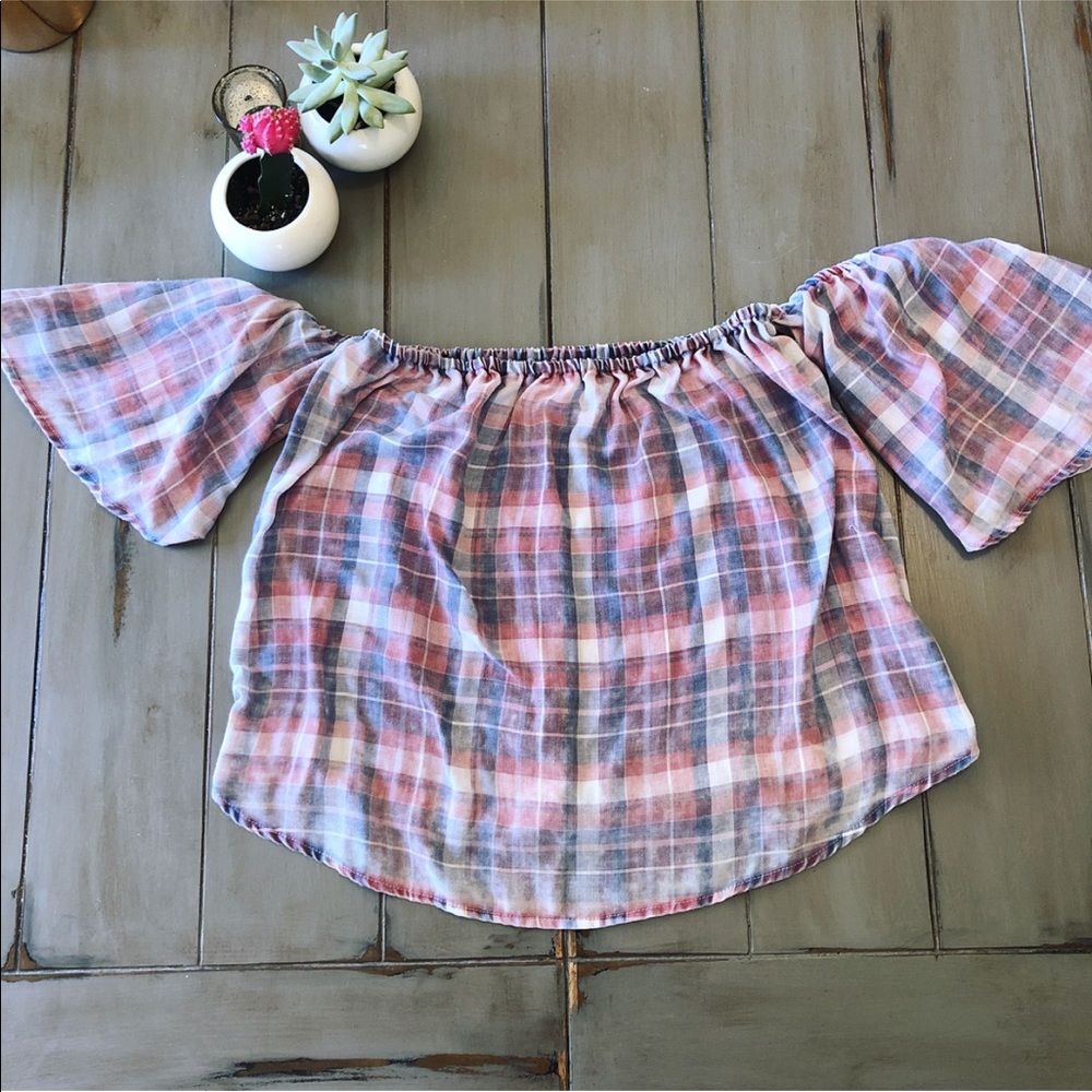 Boutique Style Off the Shoulder Plaid Top